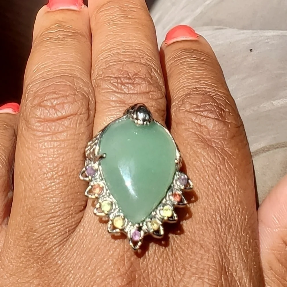 Green Aventurine Peacock Ring Stainless Steel Multigemstone